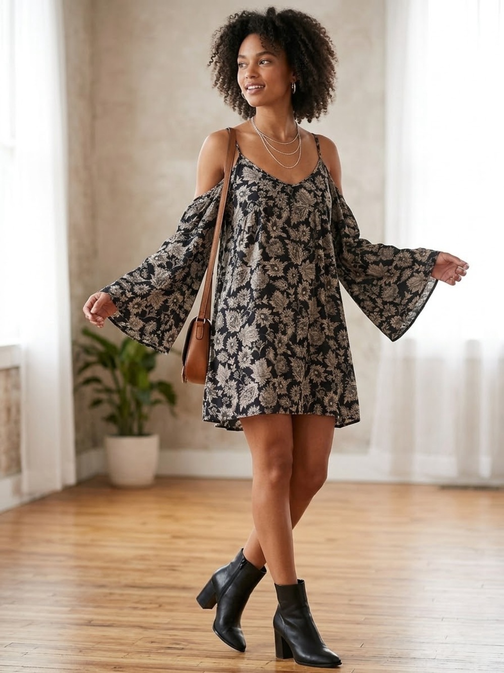 Honey Punch Whimygoth Boho Floral Cold-Shoulder Sundress Large